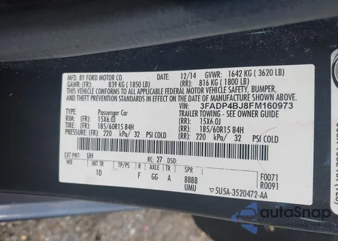 2015 Ford Fiesta Se z USA, uszkodzony, nr VIN 3FADP4BJ8FM160973